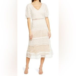 Lulus dance with joy lace puff sleeve midi dress
